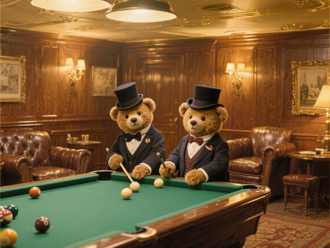 Teddy Bears Play Billiards in Rockwell Style