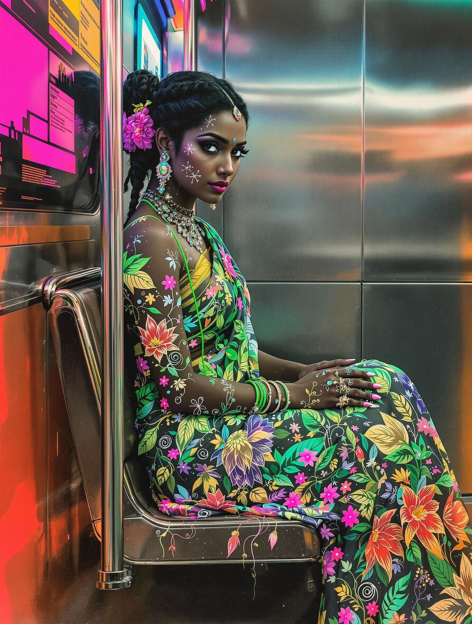 South Indian Woman Radiates Resilience in Vibrant Subway Sce...