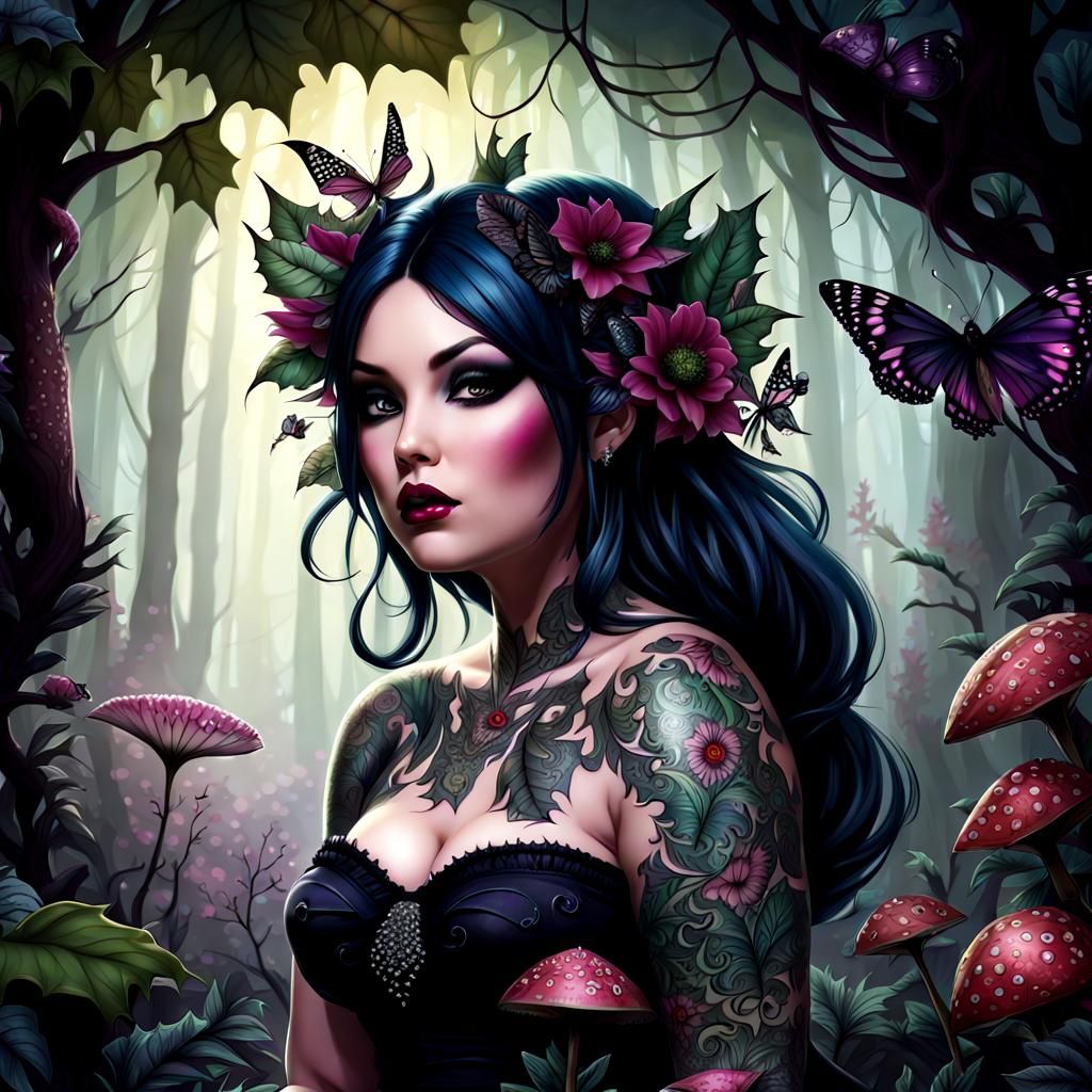 Tattooed Dark Fairy in Enchanted Forest