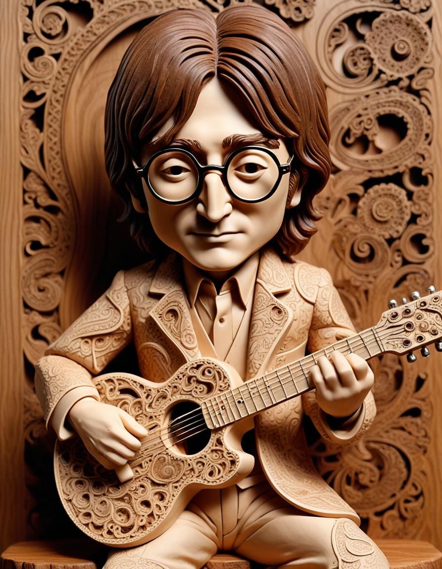 John Lennon Brainbeat Wood Carving with Paisley Design