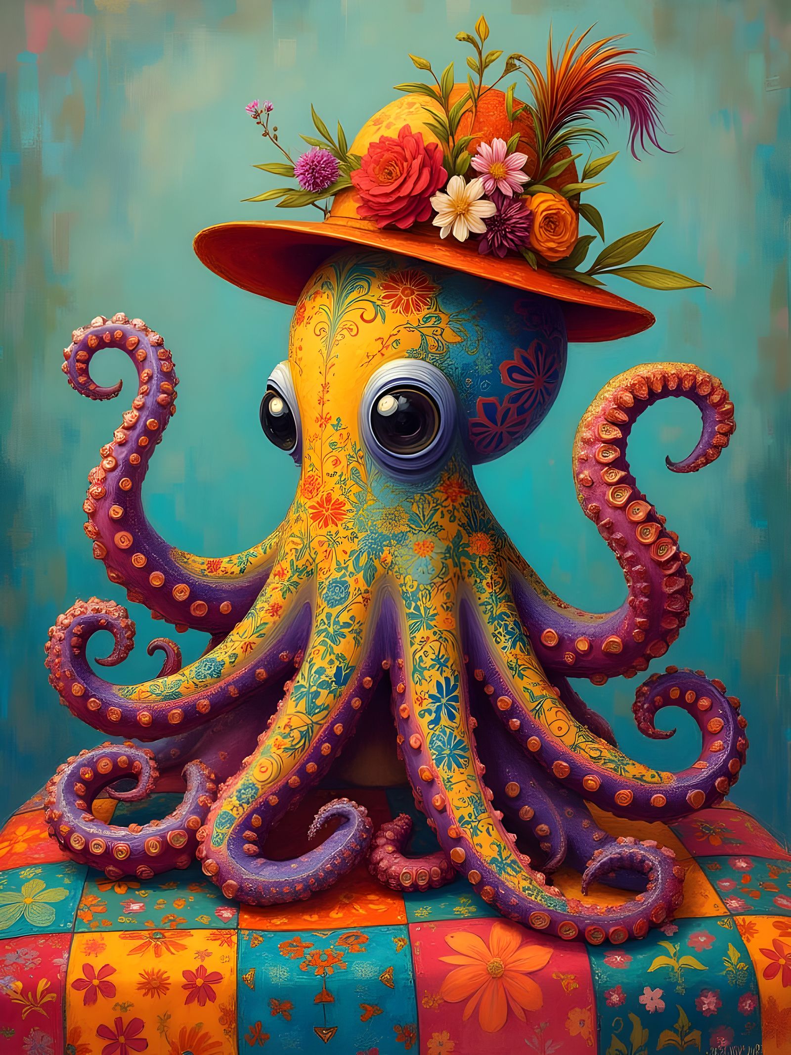 Whimsical Cartoon Octopus in Fancy Hat