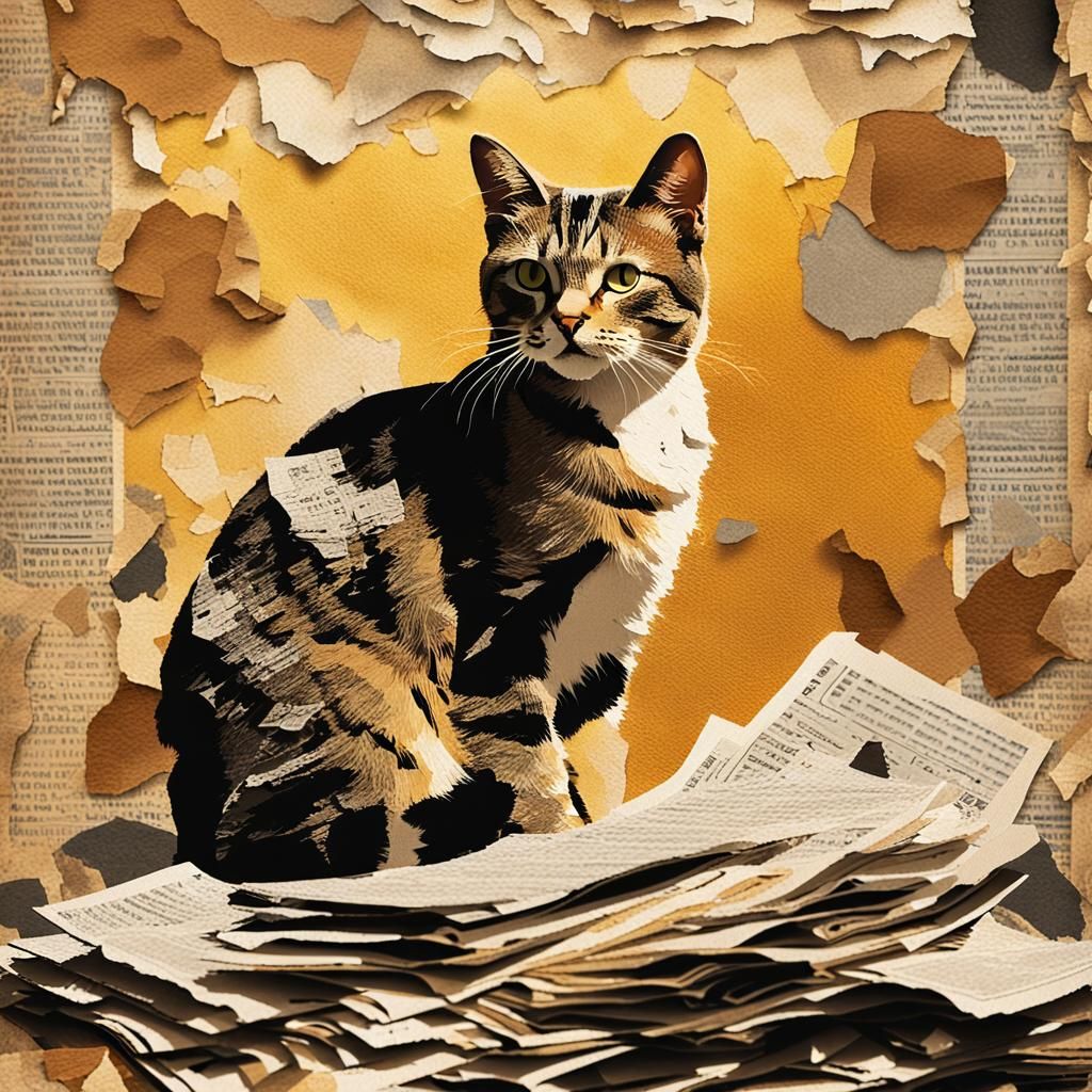 Folk Art Cat Photogram on Vintage Newspapers