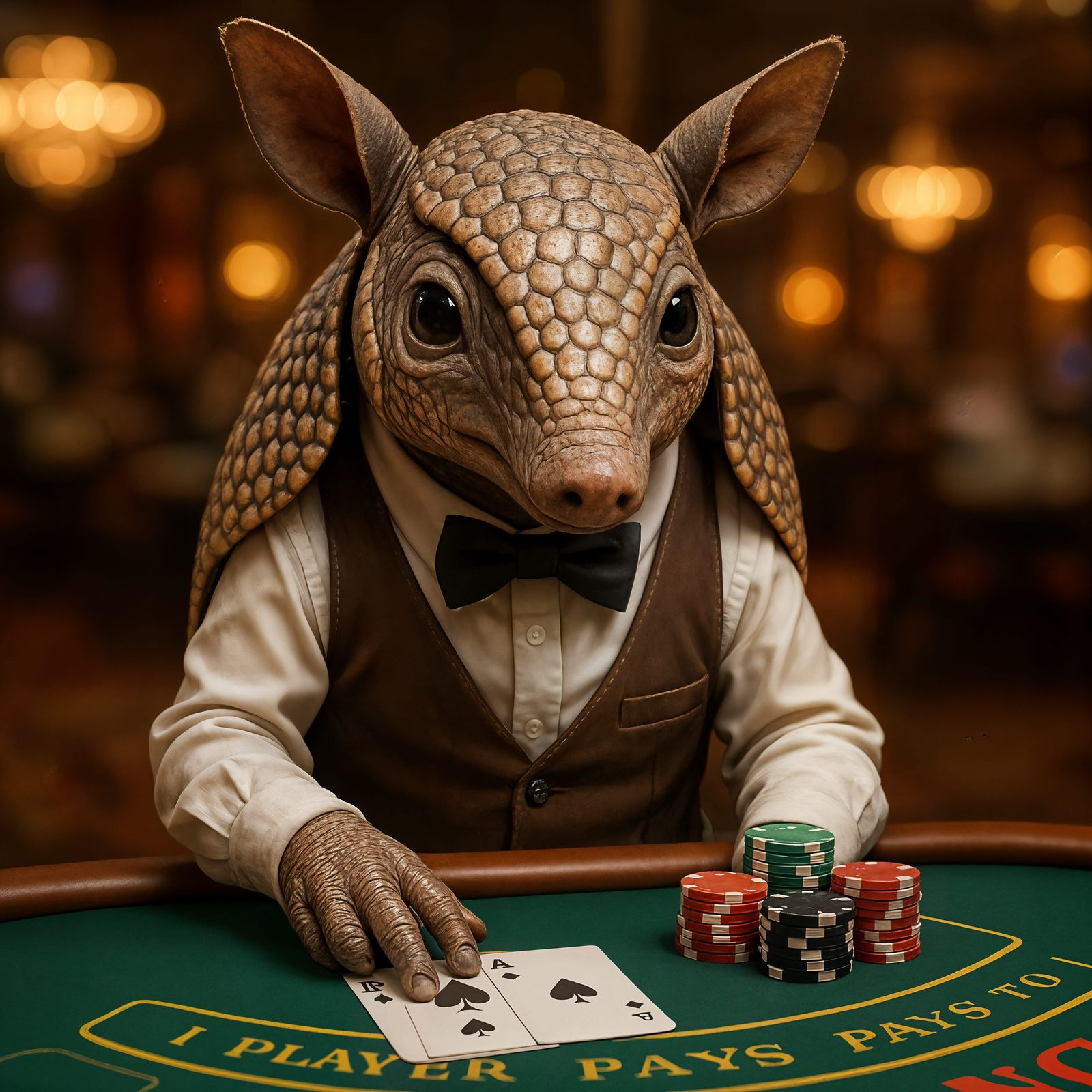 CGI Cartoon Armadillo Deals Blackjack in Casino