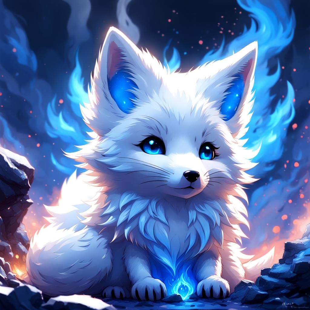 Chibi White Fox Cub with Blue Fire