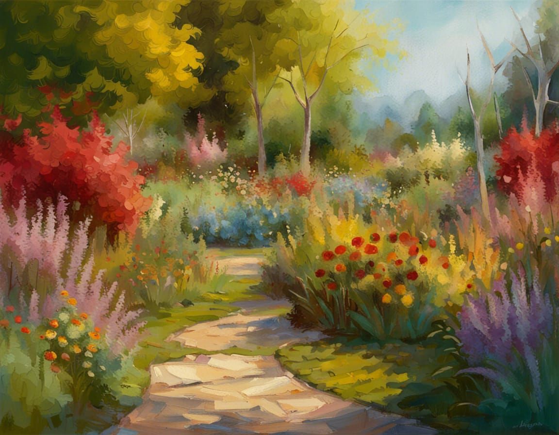 Impasto Gardenscape with Visible Brushstrokes