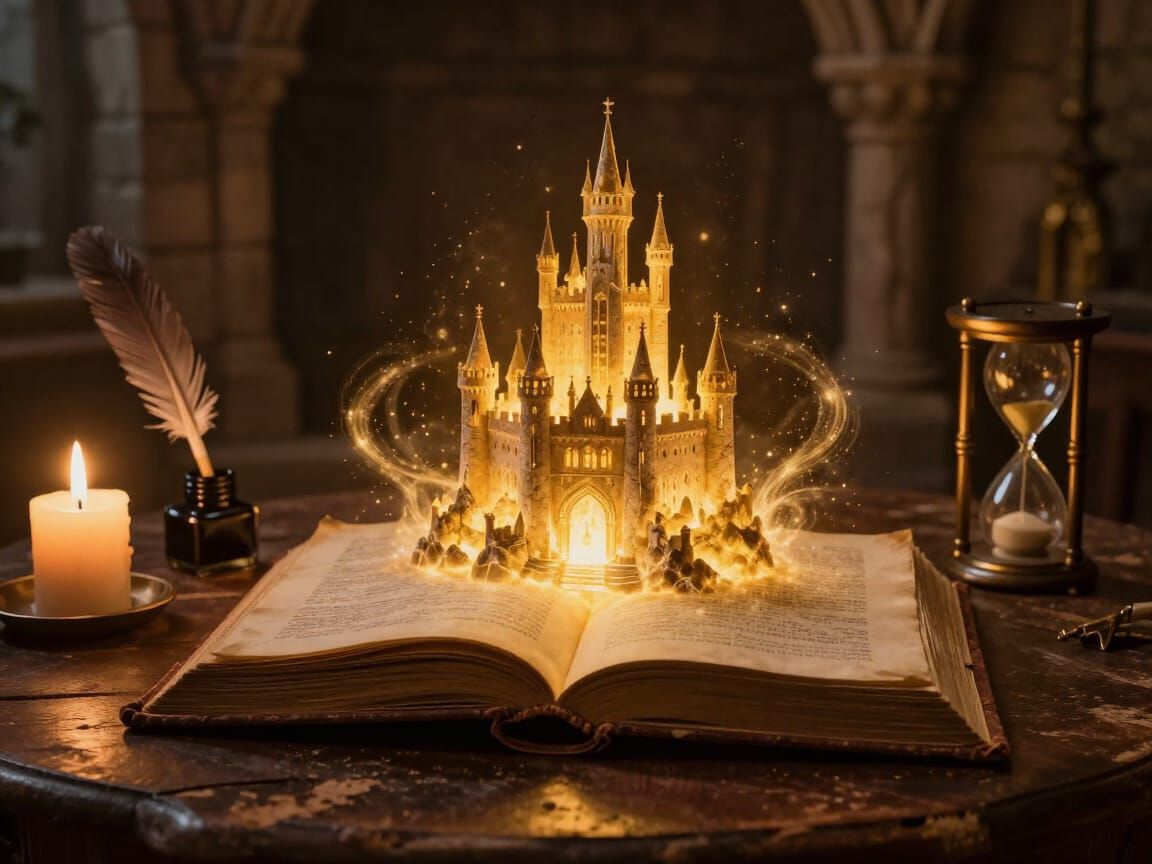 Ancient Tome Opens to Glowing Castle in Mystical Chamber