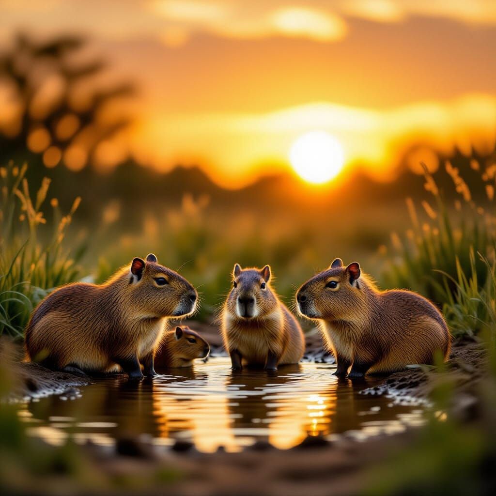 Capybara Family at Waterhole in Golden Sunset Light