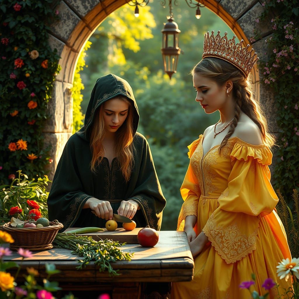 Surreal Medieval Garden Scene with Women Amidst Emerald Gree...