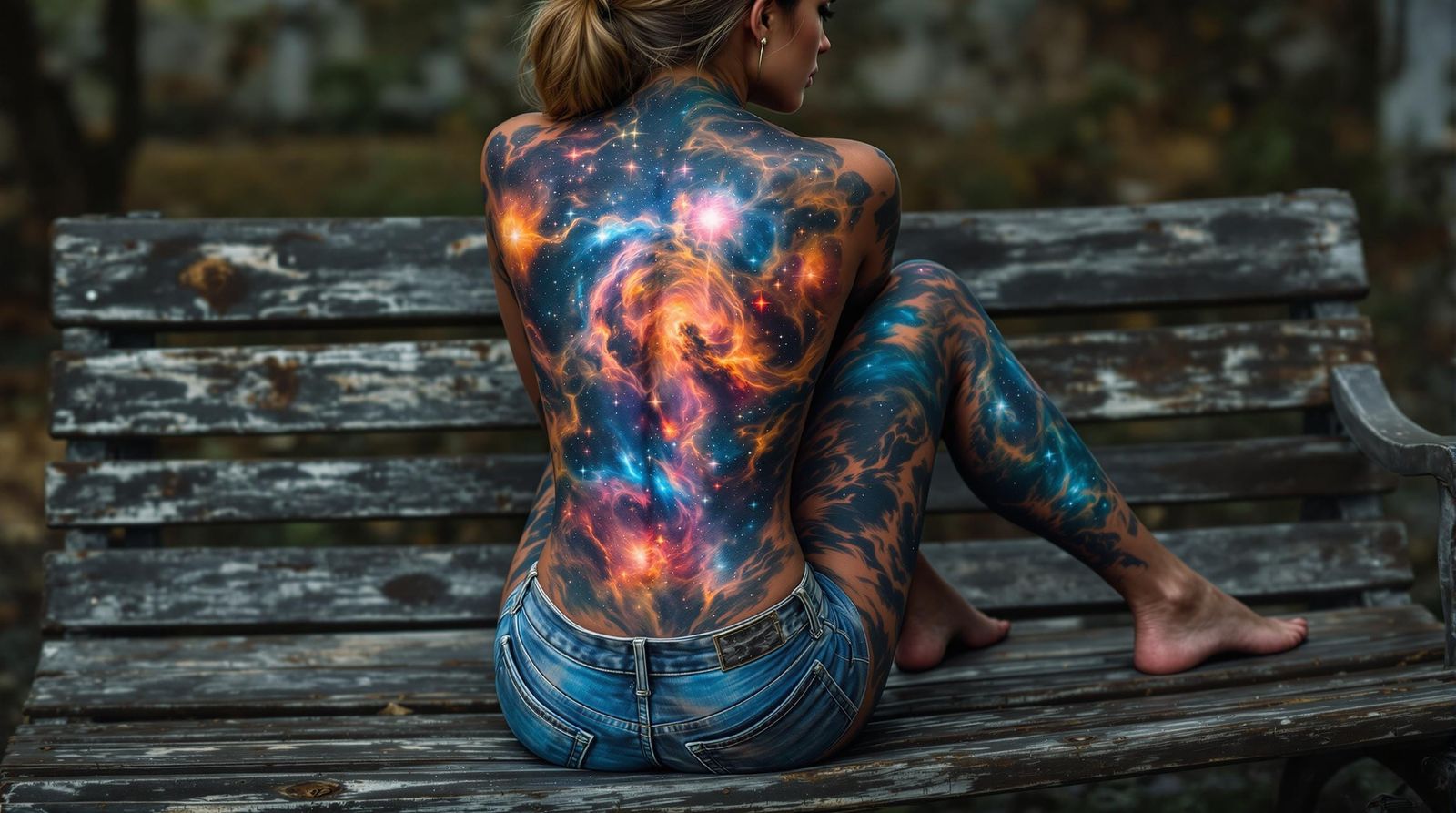 Hyper-Realistic Cosmic Tattooed Woman in Futuristic Setting