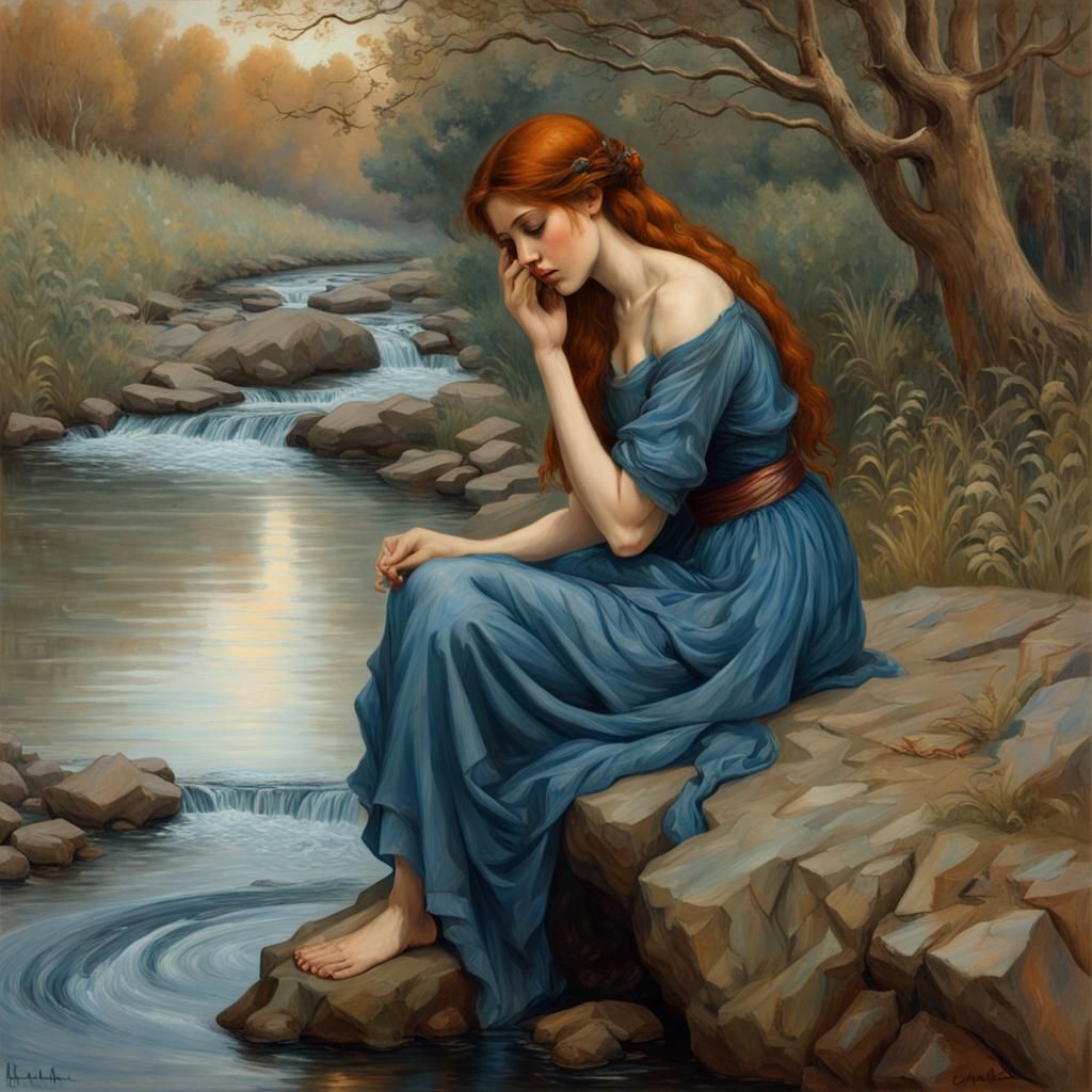 Sad Woman by Stream in Pre-Raphaelite Style