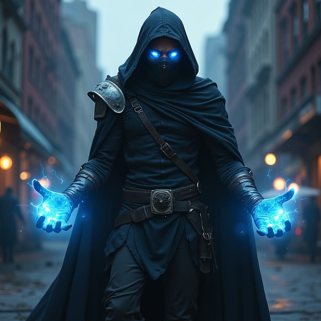 Cyberpunk Vigilante Unleashes Electric Blue Energy