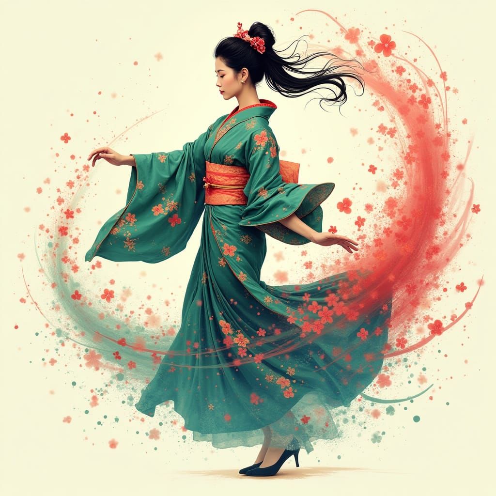 Ethereal Kimono Dance in Vibrant Brushstrokes