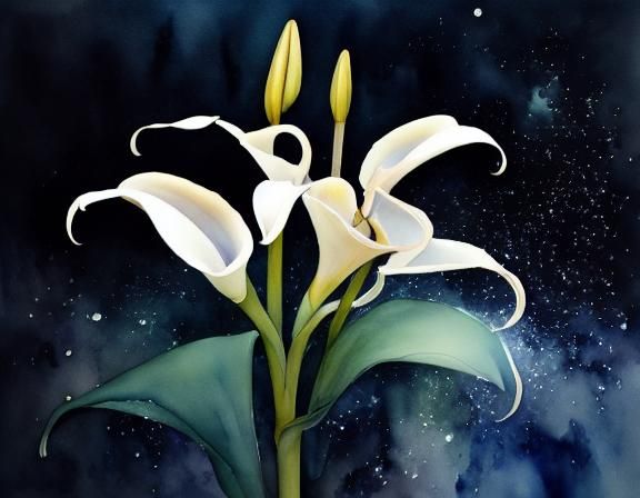 Crystal Calla Lily with Glitter Rain, Watercolor Style