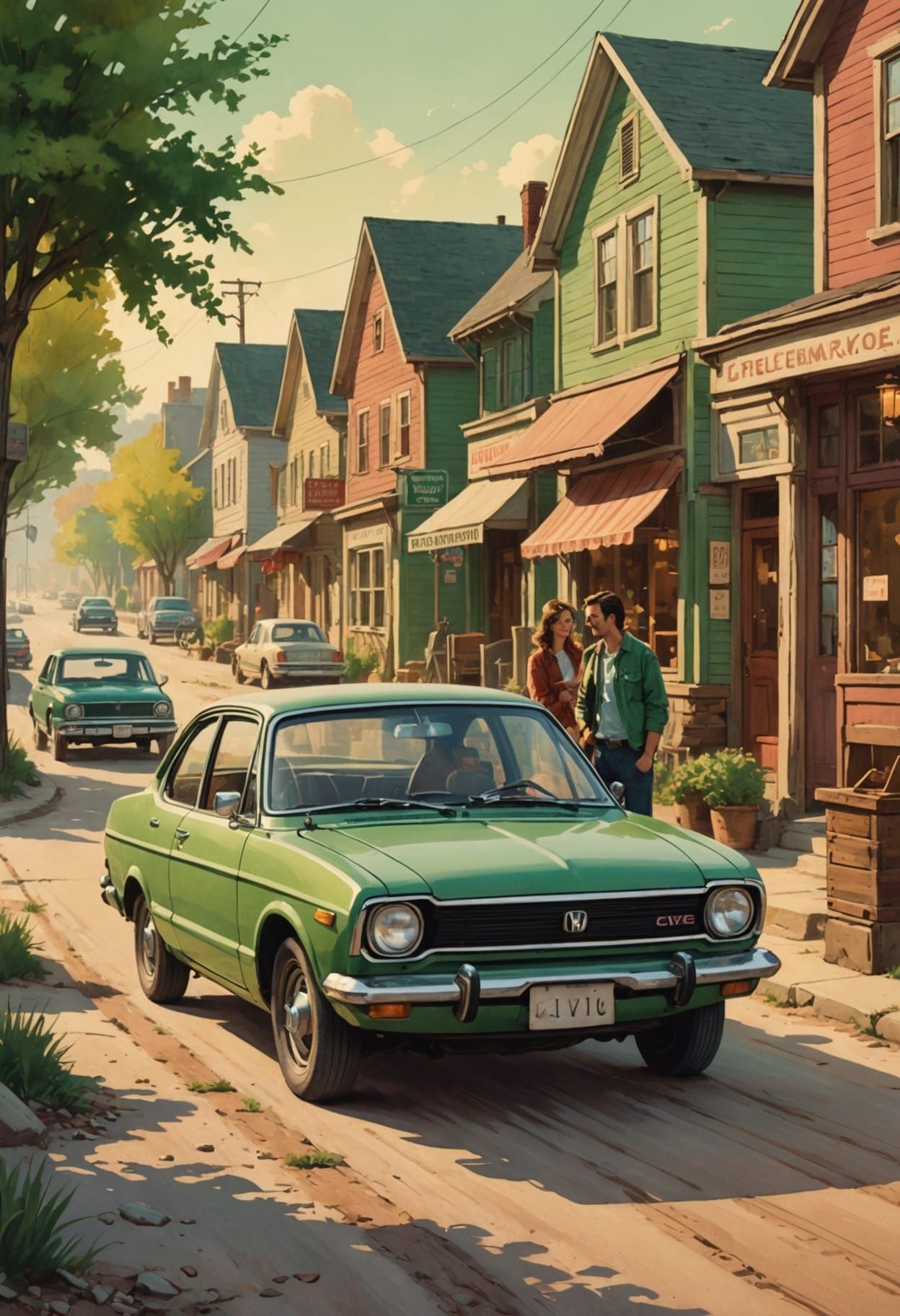 Retro Green Honda Civic in Idyllic Small Town