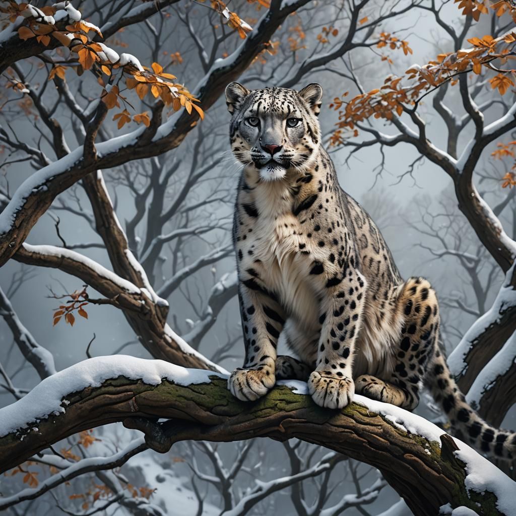 Snow Leopard in Tree: Detailed Matte Painting