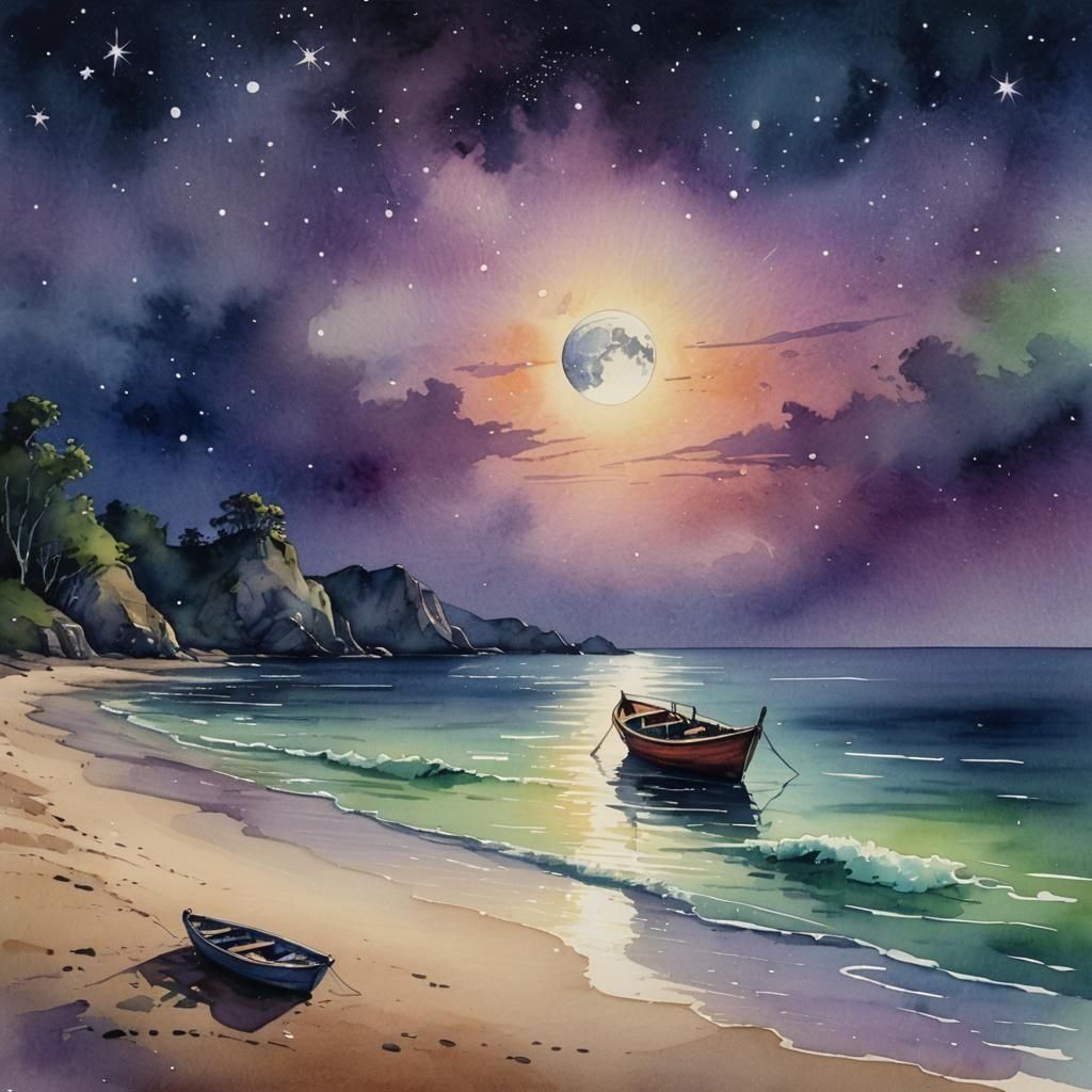 Moonlit Sea Scenery in Colorful Watercolor Style