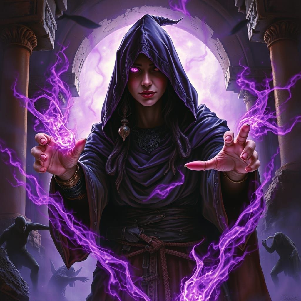Sorceress Casting Spell in Ruined Temple, Airbrush Art