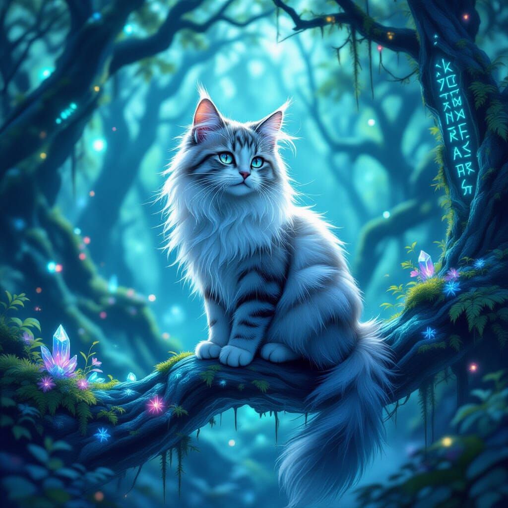 Nebula Cat on Crystalline Branch in Bioluminescent Forest