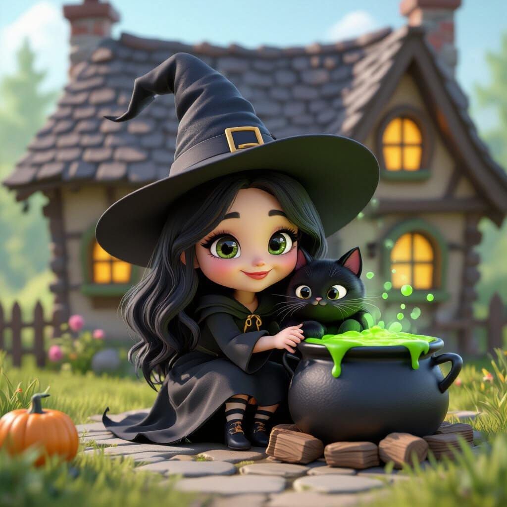 Cute Witch Cuddles Black Cat by Cauldron