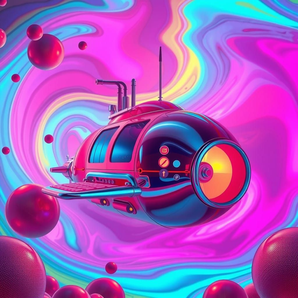 Retro-Futuristic Submarine in a Vibrant Lava Lamp Environmen...