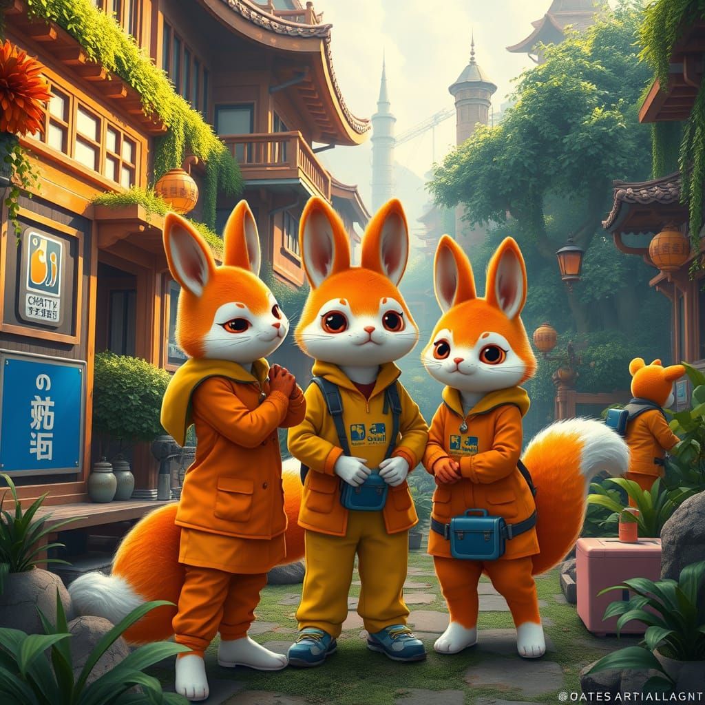 Whimsical Kitsune Volunteers in Vibrant Charity Setting
