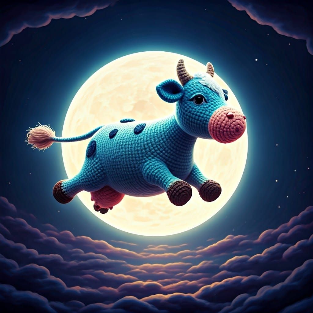 Crocheted Cow Soaring Over Moon in Dreamy Concept Art