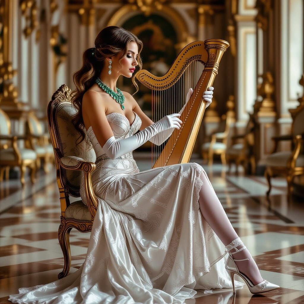 Woman Playing Harp in Realistic Old Masters Style