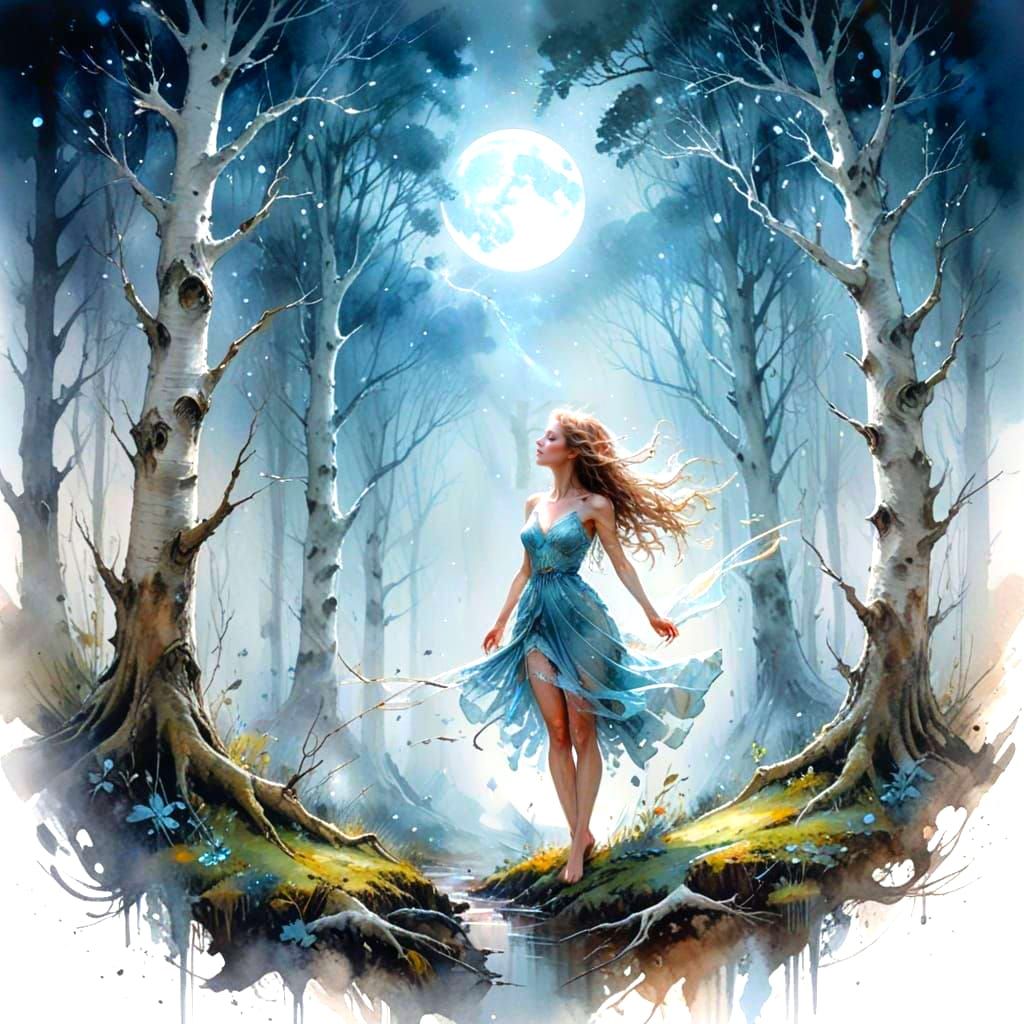 Moonlit Grove with Lunareth in Watercolor Style