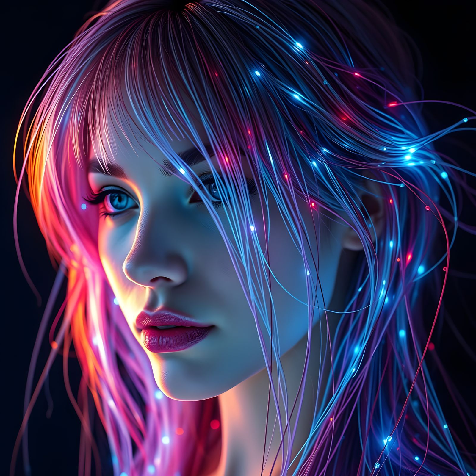 Surreal Portrait of a Woman with Fiber Optic Hair