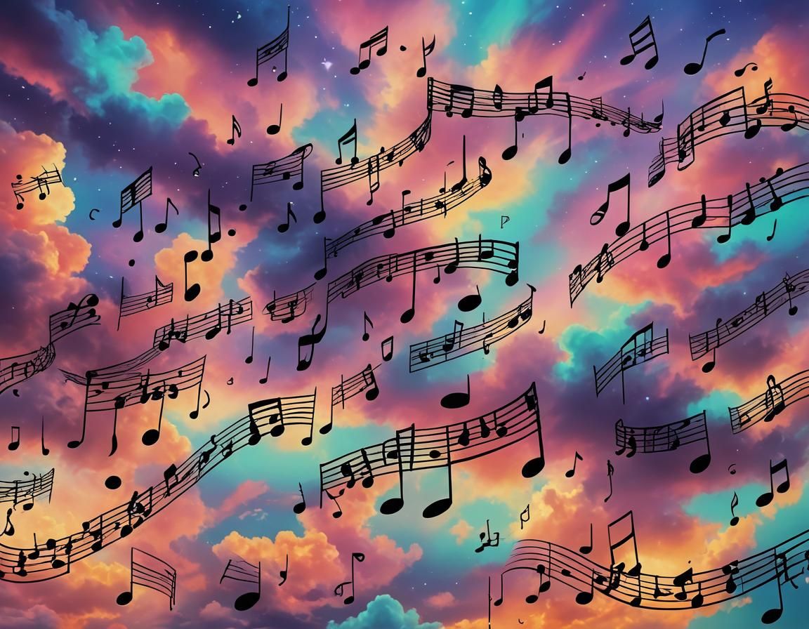 Surreal Musical Notes in Psychedelic Sky