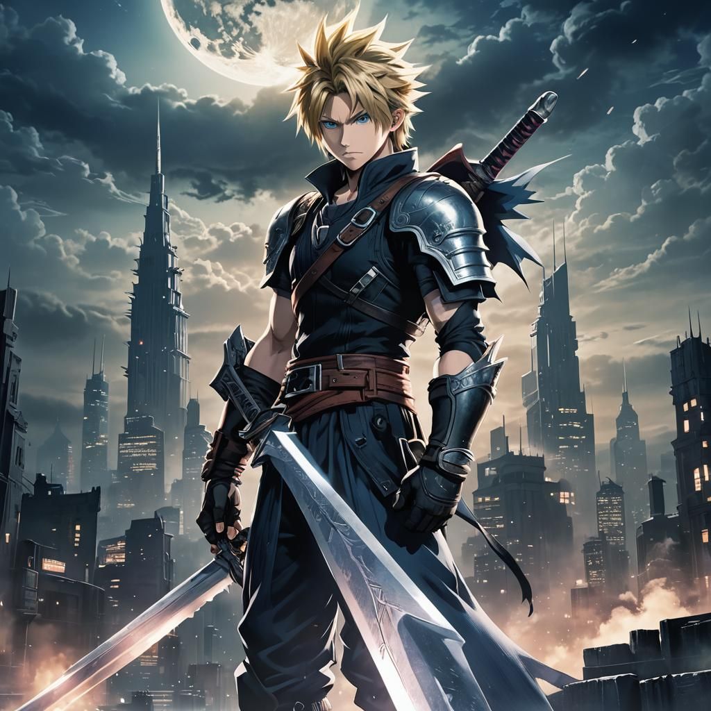 Cloud Strife with Buster Sword in Anime Style