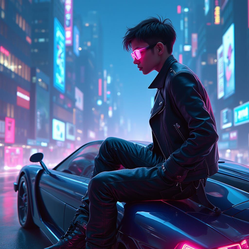 Cyberpunk Boy Overlooking Neon Cityscape