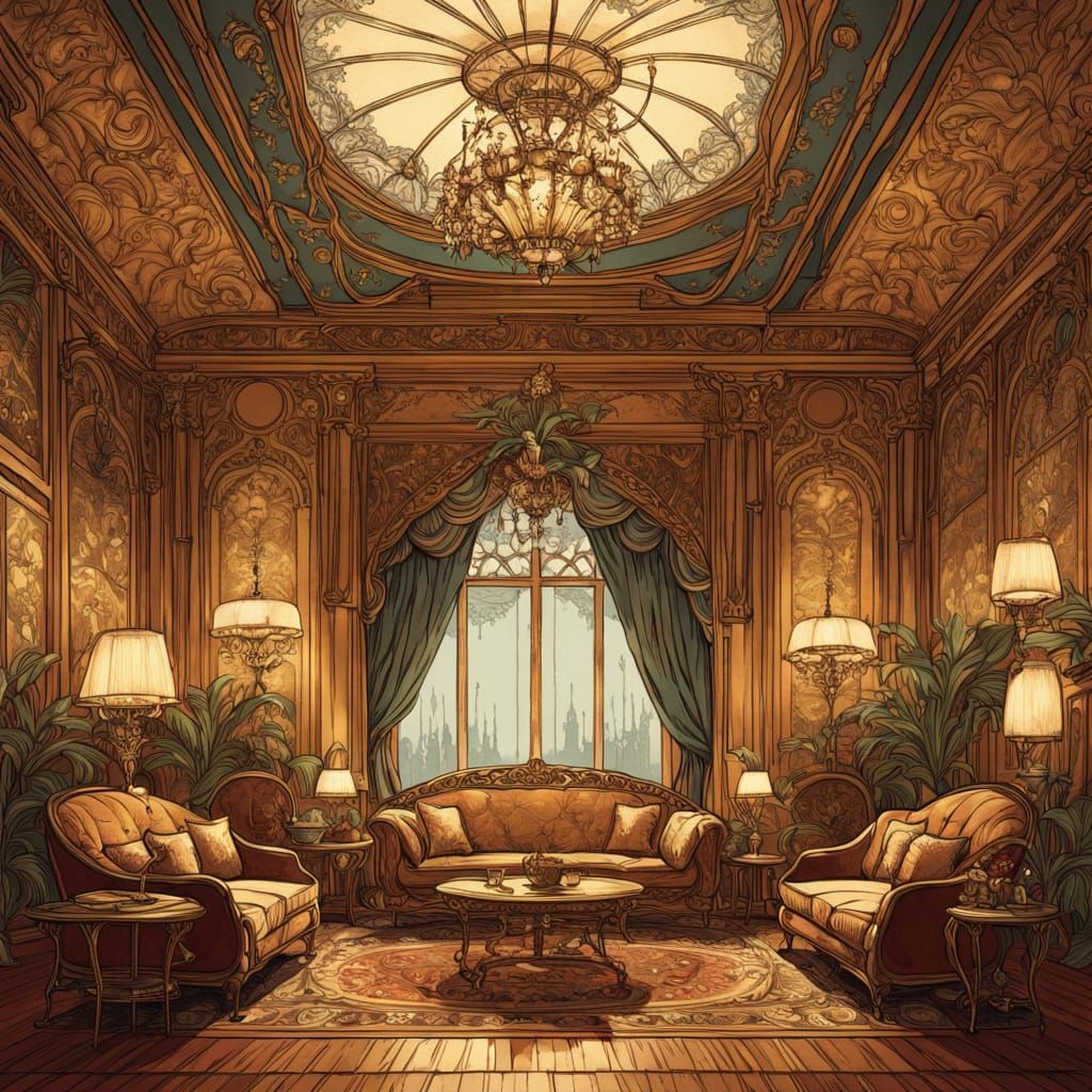 Art Nouveau Lounge with Elegant Figures and Gaslight