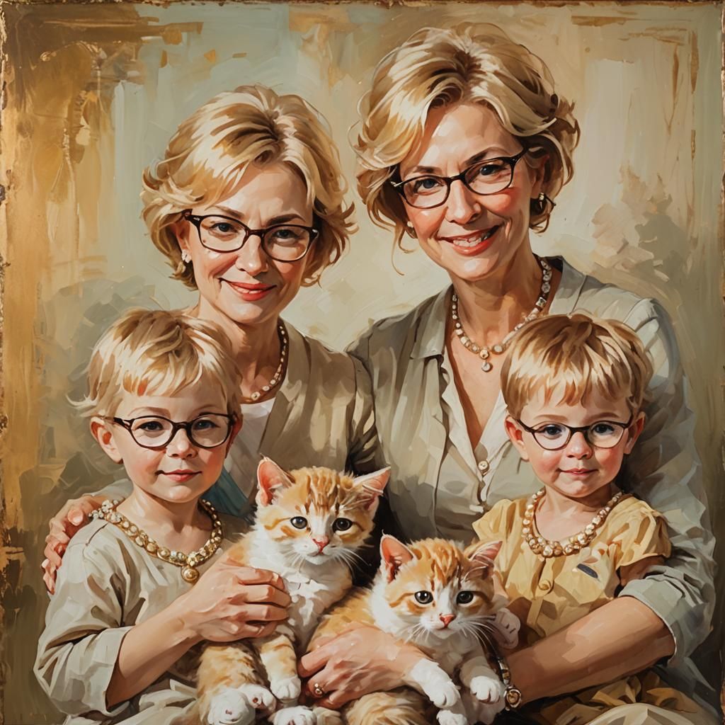 Impressionist Portrait of Mother and Children with Kittens