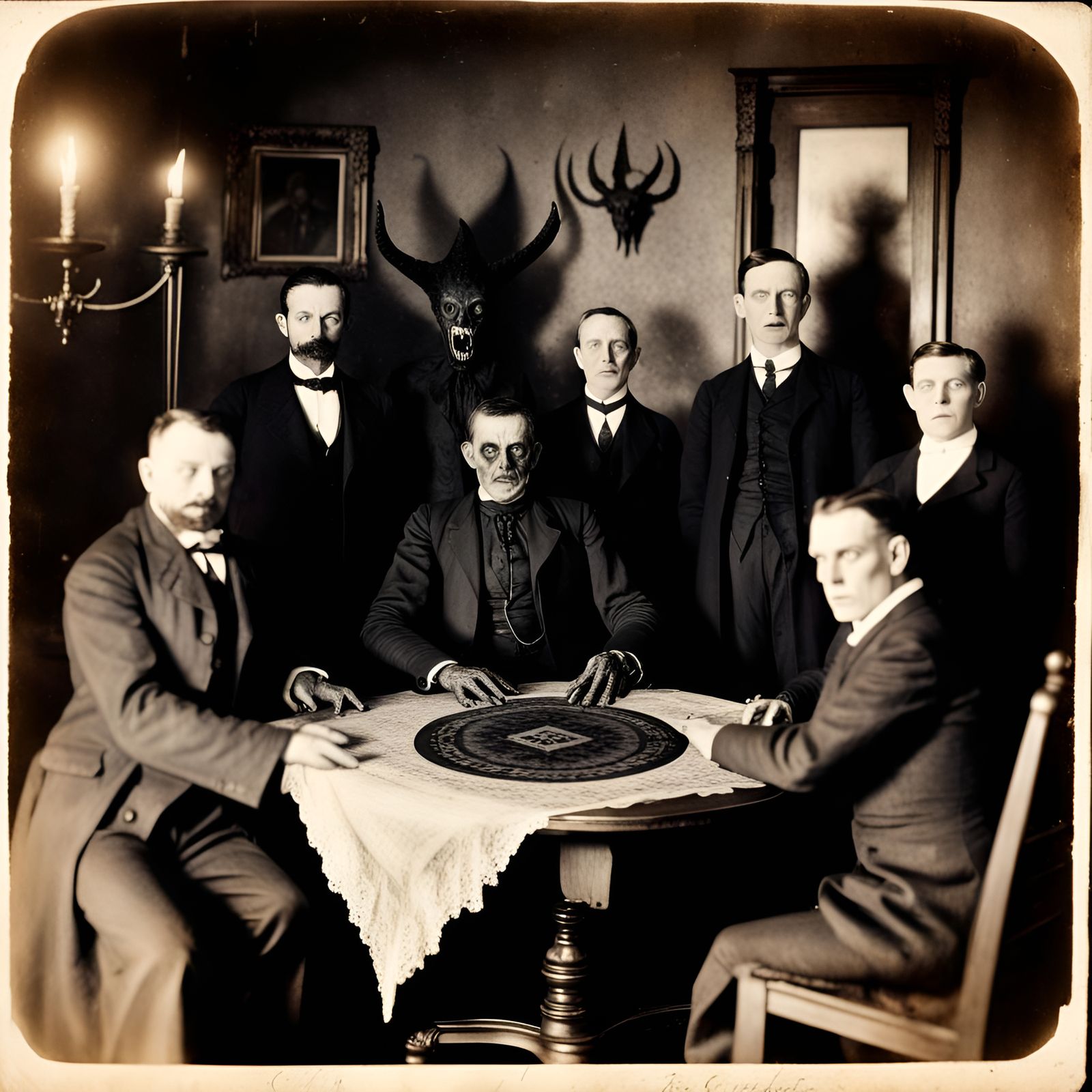 Creepy Victorian Seance with Satanic Monster in Parlor