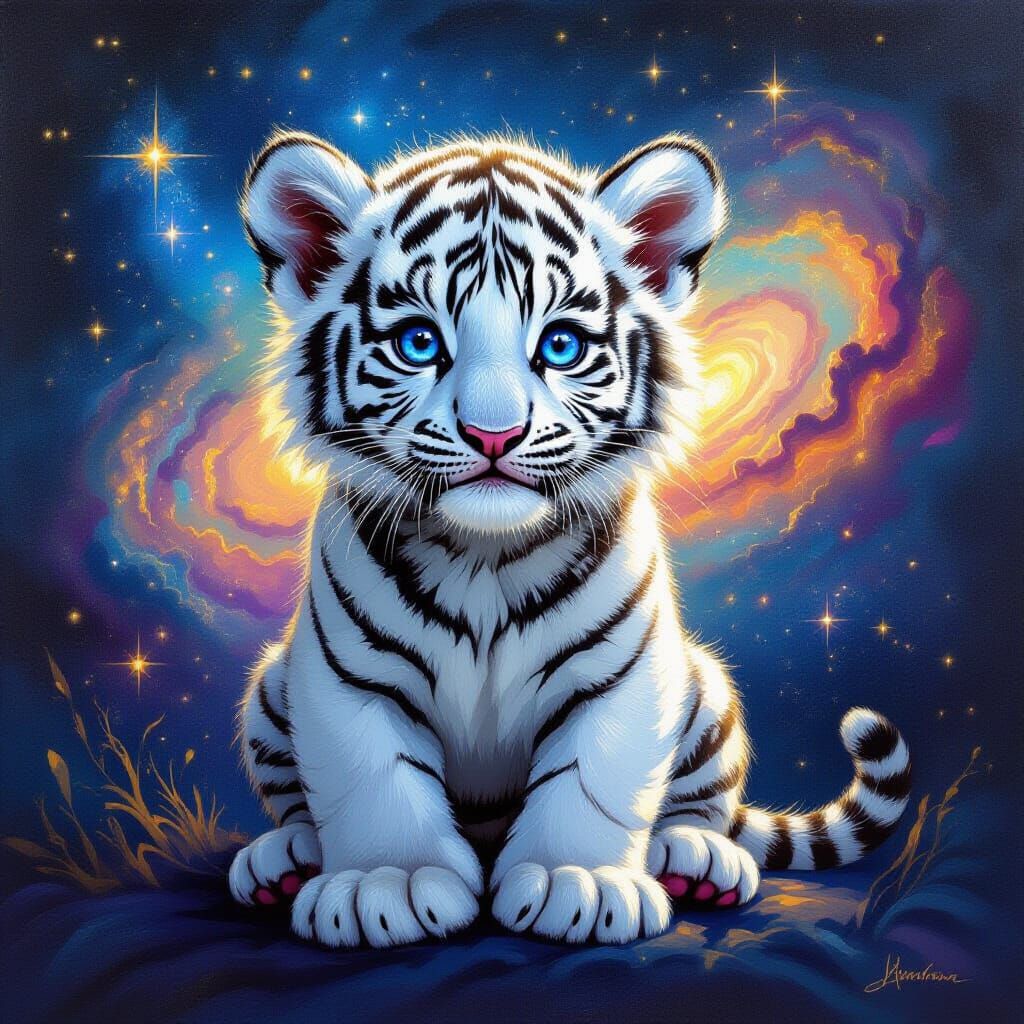 White Tiger Cub in Cosmic Galaxy Oil Painting