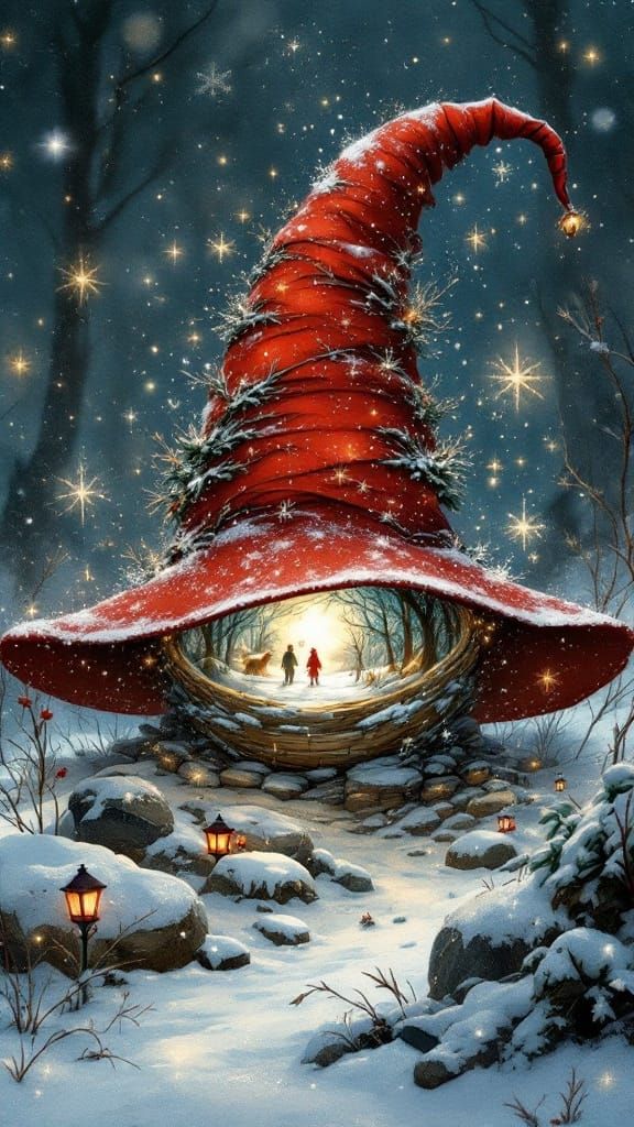 Whimsical Winter Wonderland Inside a Sparkling Red Hat