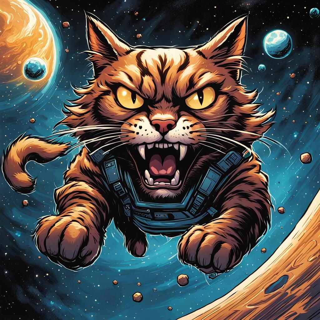 Angry Cat Floating in Space, Comic Book Art