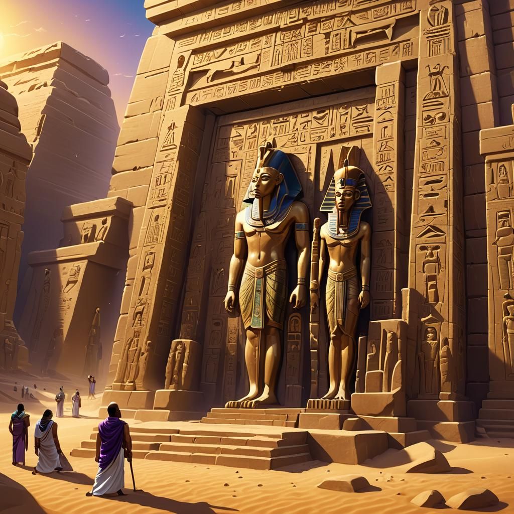 Golden Sarcophagus at Temple Entrance: Ancient Egypt