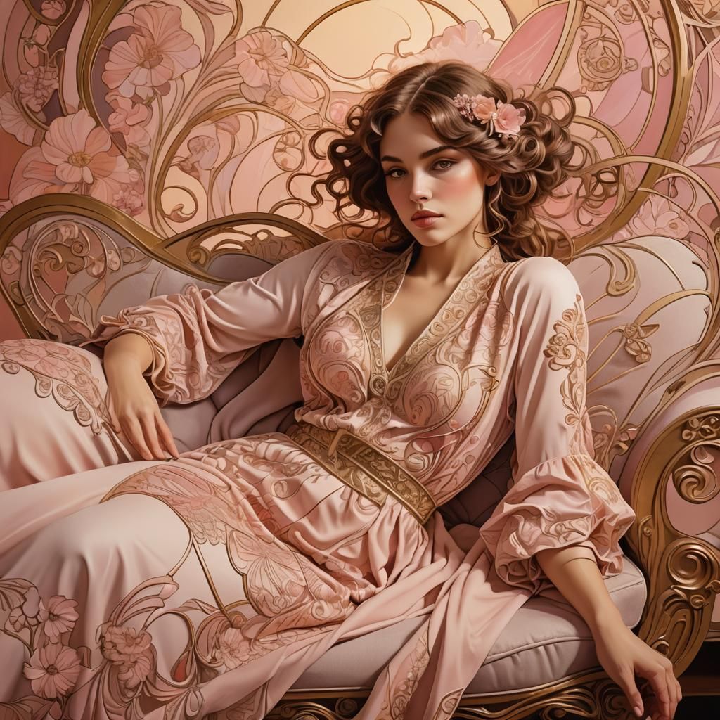Art Nouveau Model Lounging in Golden Light