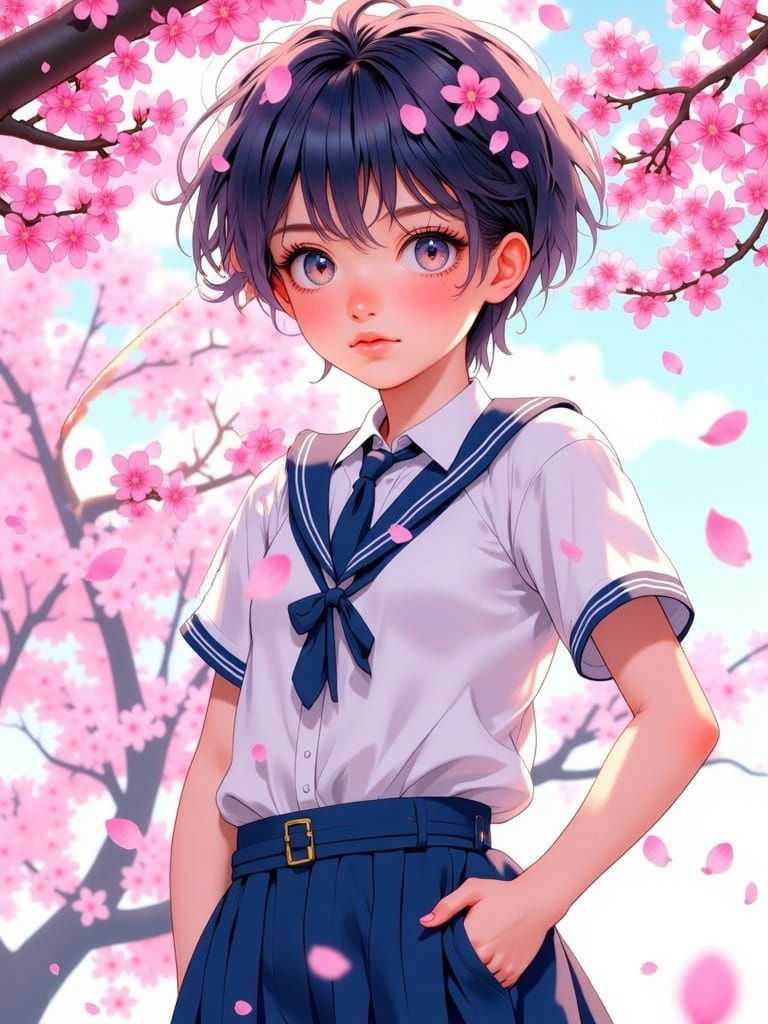 Anime tomboy in school uniform