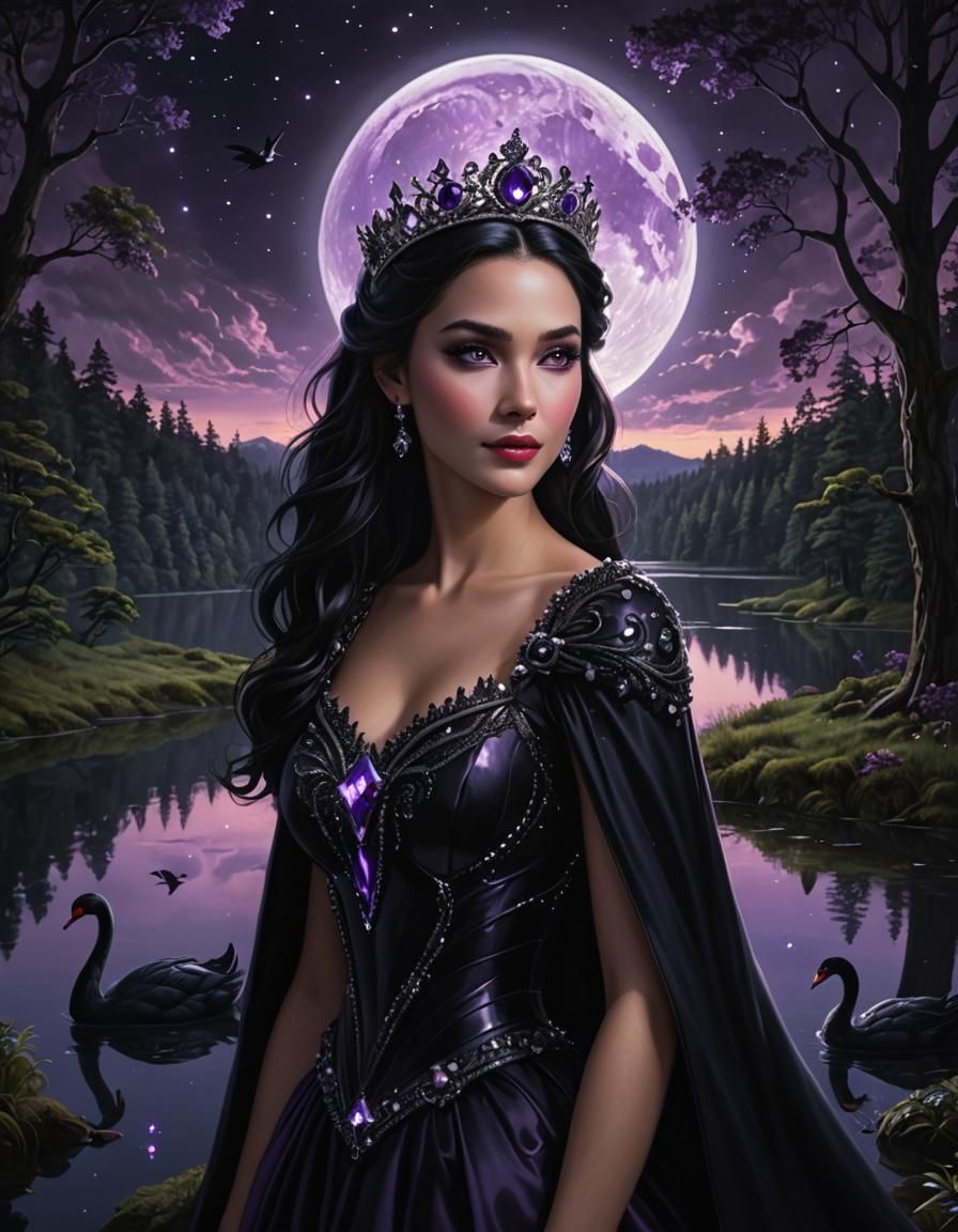 Princess with Black Swans in Dark Forest