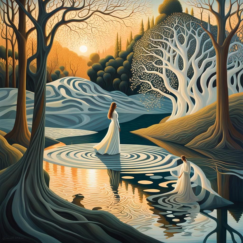 Surreal Woman in Dreamlike Landscape as Oil Painting