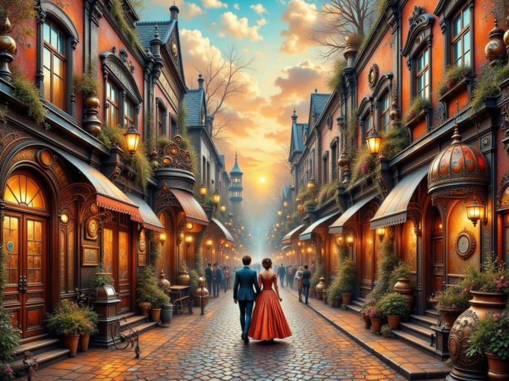 Steampunk Cobblestone Street with Victorian Couples