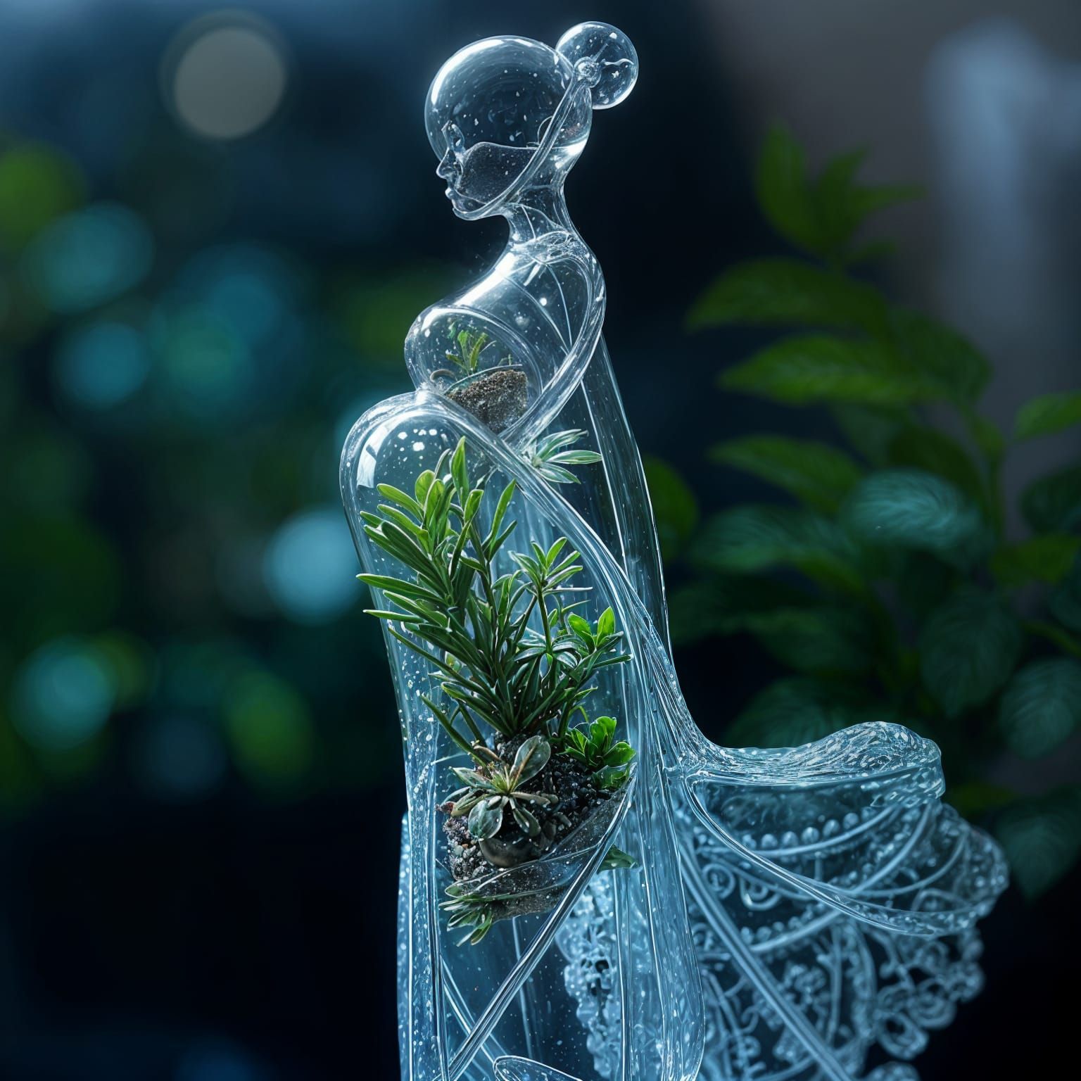 Glass Couple with Delicate Ecosystem in a Clear Hourglass Fo...