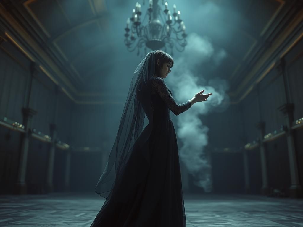 Sorrowful Woman Reaching in Abandoned Ballroom
