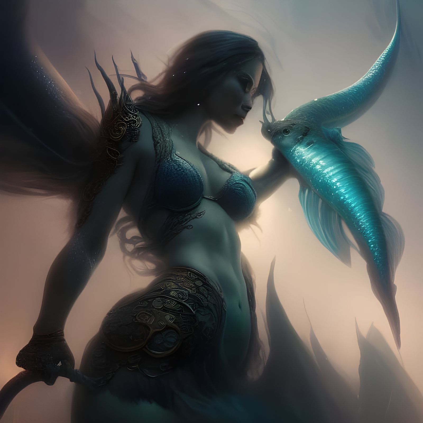 Hyperdetailed Mermaid in Dark Underwater Cave