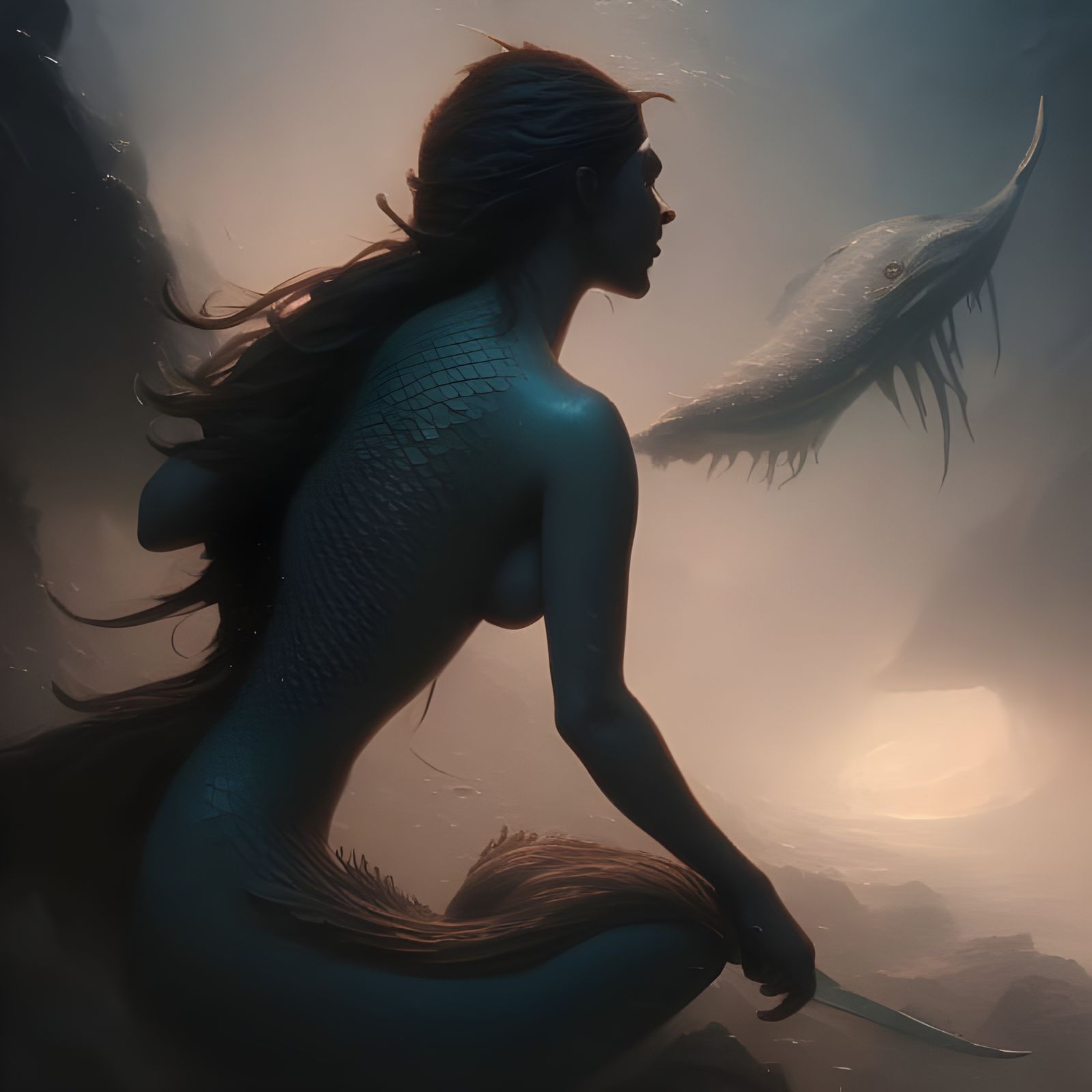 Dark Mermaid in Underwater Cave, Hyperdetailed Art