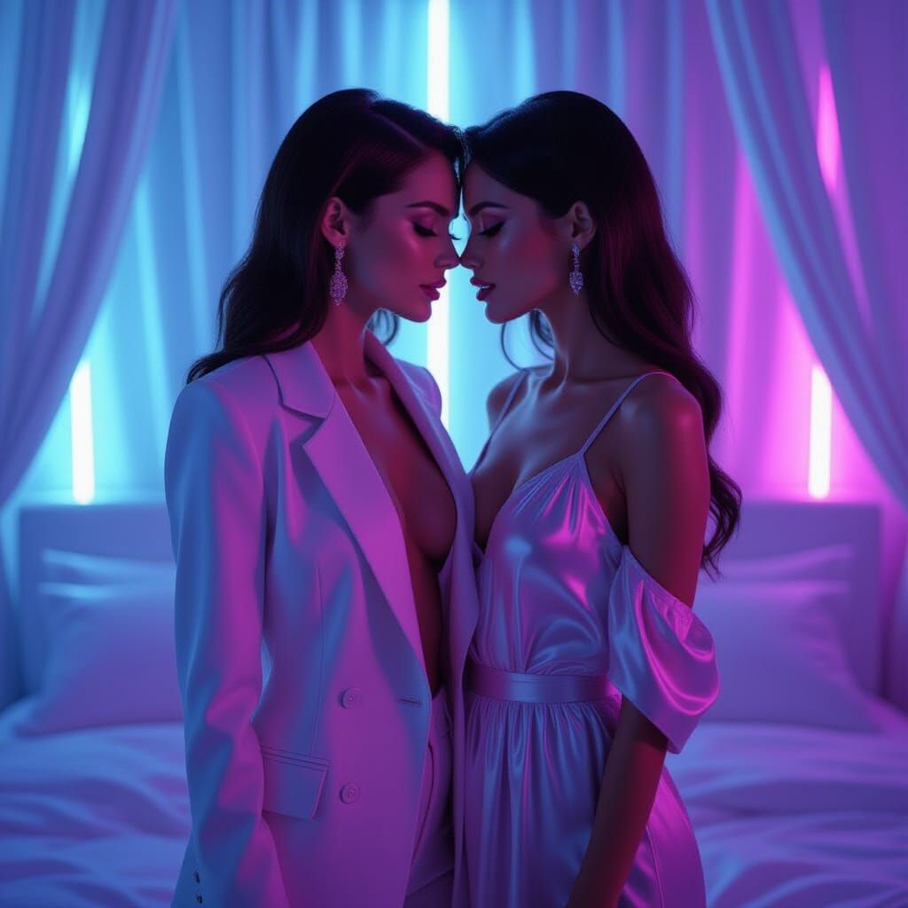 Cyberpunk Bedroom Scene: Two Women in Neon Glow