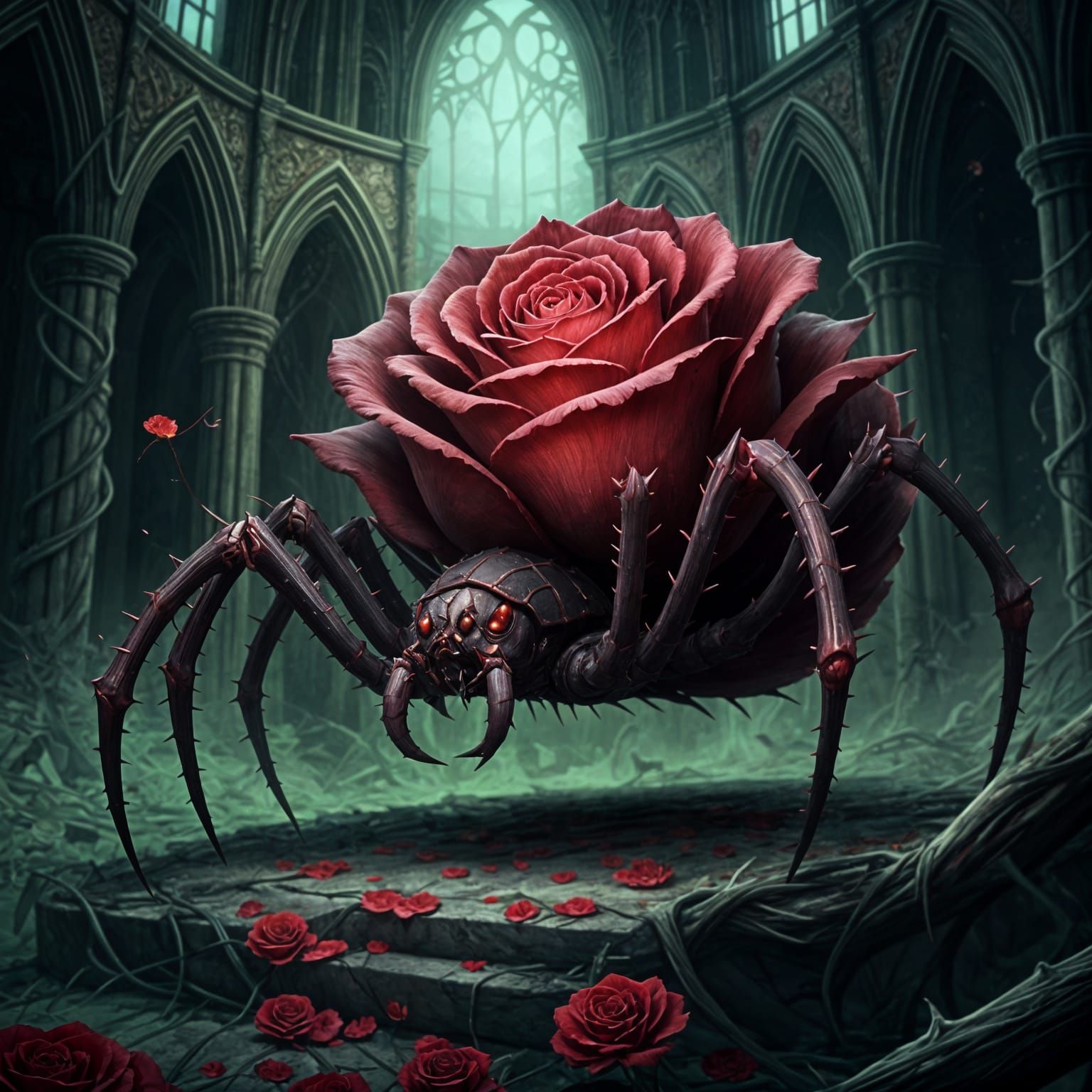 Ethereal Spider Creature Amidst Rose-Covered Ruins